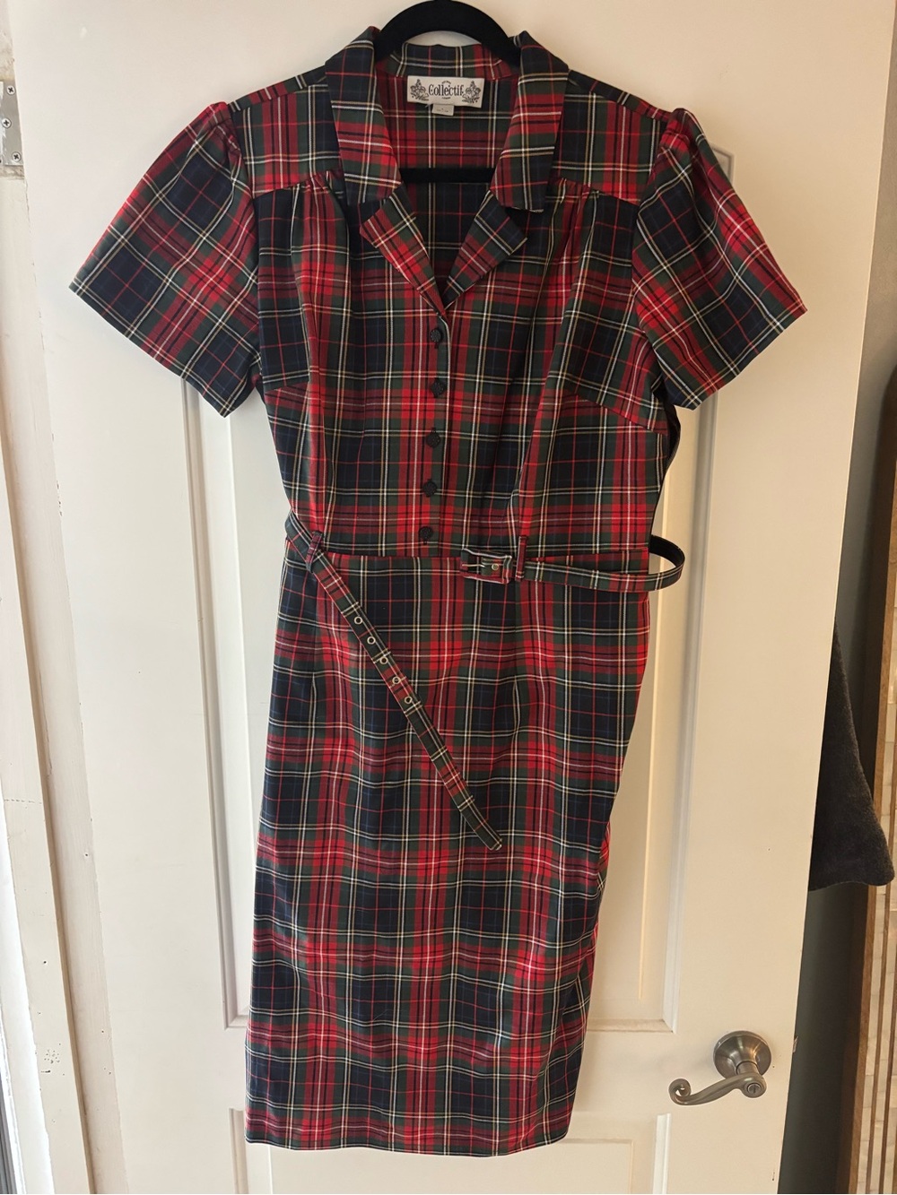 Collectif London Red Tartan Plaid Belted Pencil Shirt Dress L